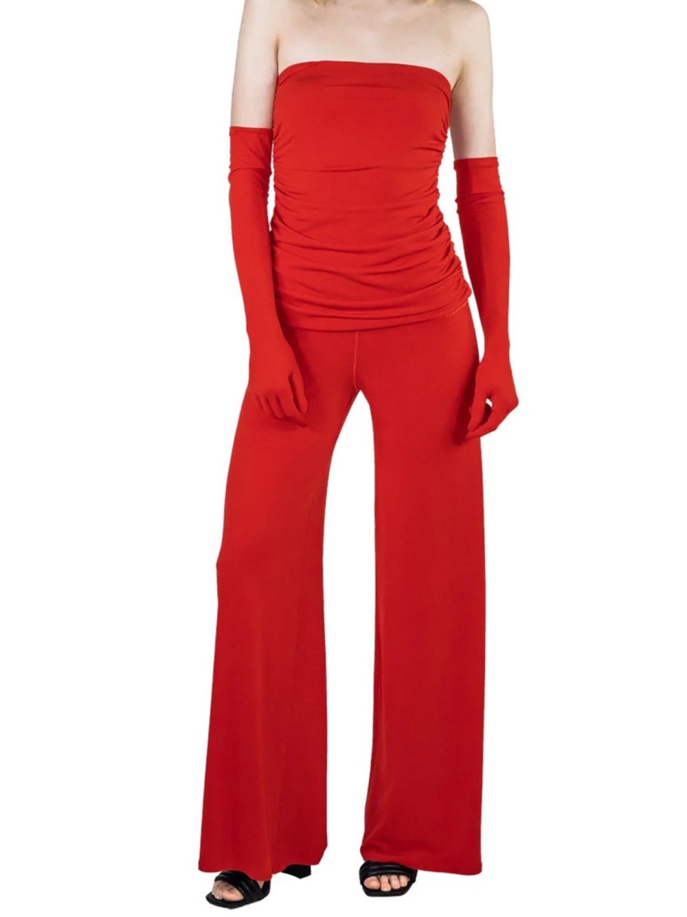 Eva Varro Strapless Tux Jumpsuit Red Ruched Wide Leg Size Small